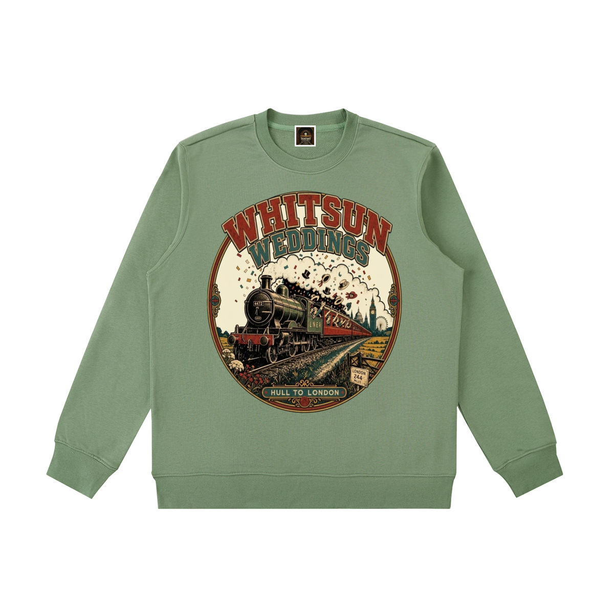 Green crewneck sweatshirt with front WHITSUN WEDDINGS train graphic and ribbed cuffs