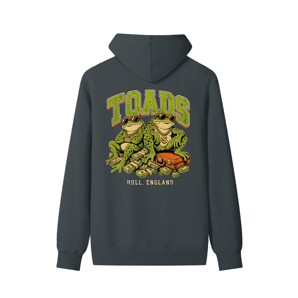 Dark grey unisex cotton hoodie with back graphic print of toads and “HULL, ENGLAND”