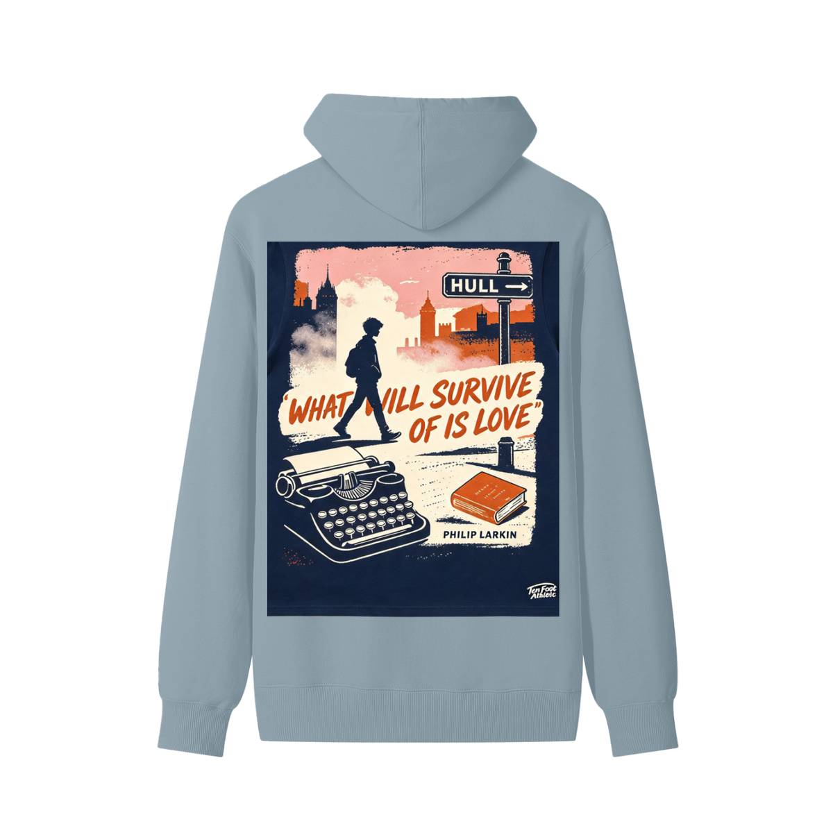 Unisex cotton hoodie in light blue with front graphic print, hood and drawstring
