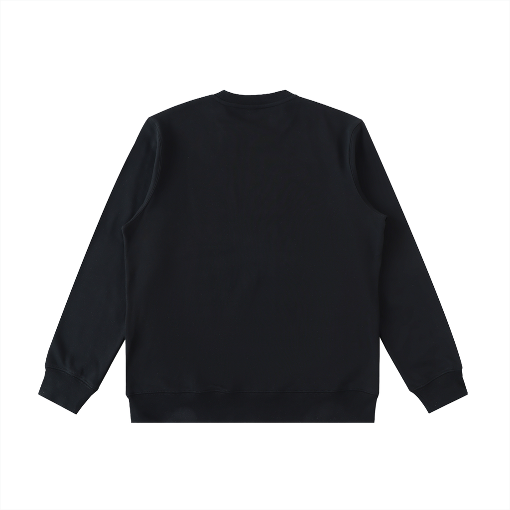 Black heavyweight crewneck sweatshirt, back view, plain with ribbed cuffs and hem