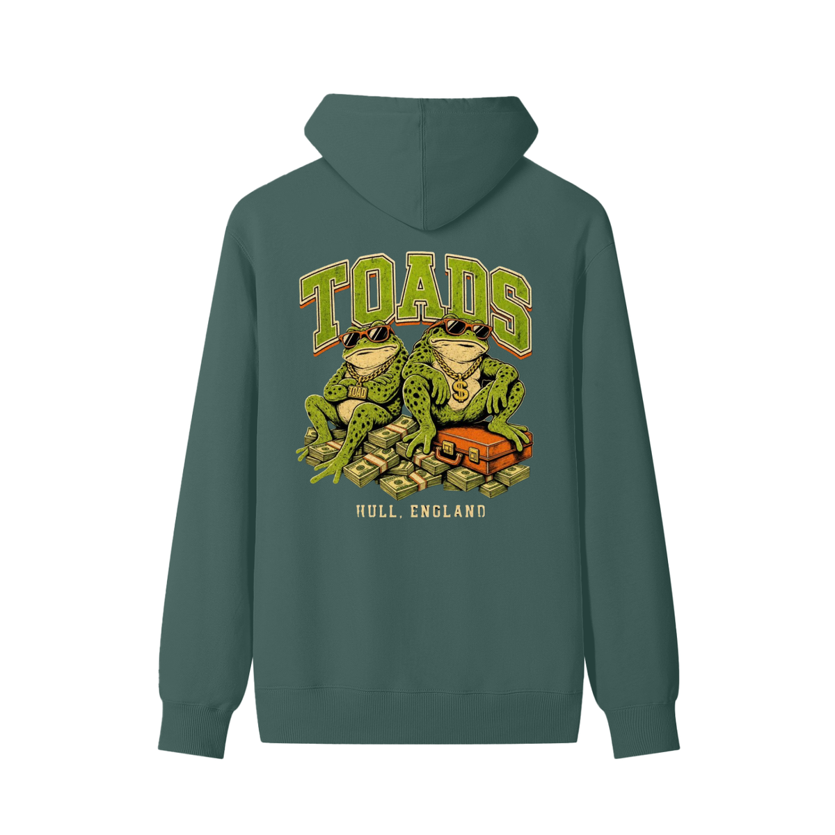 Unisex cotton hoodie in dark green with large TOADS toad graphic on back