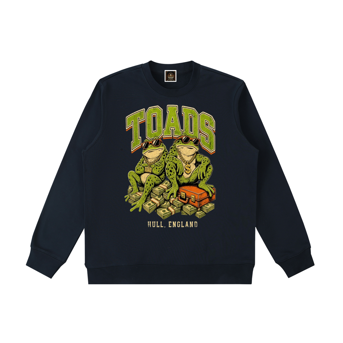 Heavyweight crewneck sweatshirt in dark color, with large frog graphic and “FULL ENGLAND” text