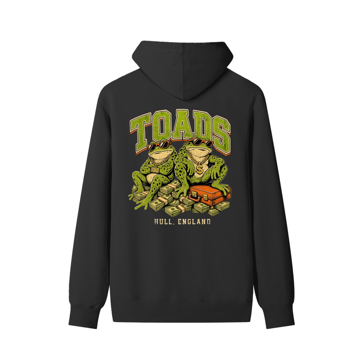 Black unisex cotton hoodie with back graphic print of toads and “HULL, ENGLAND”