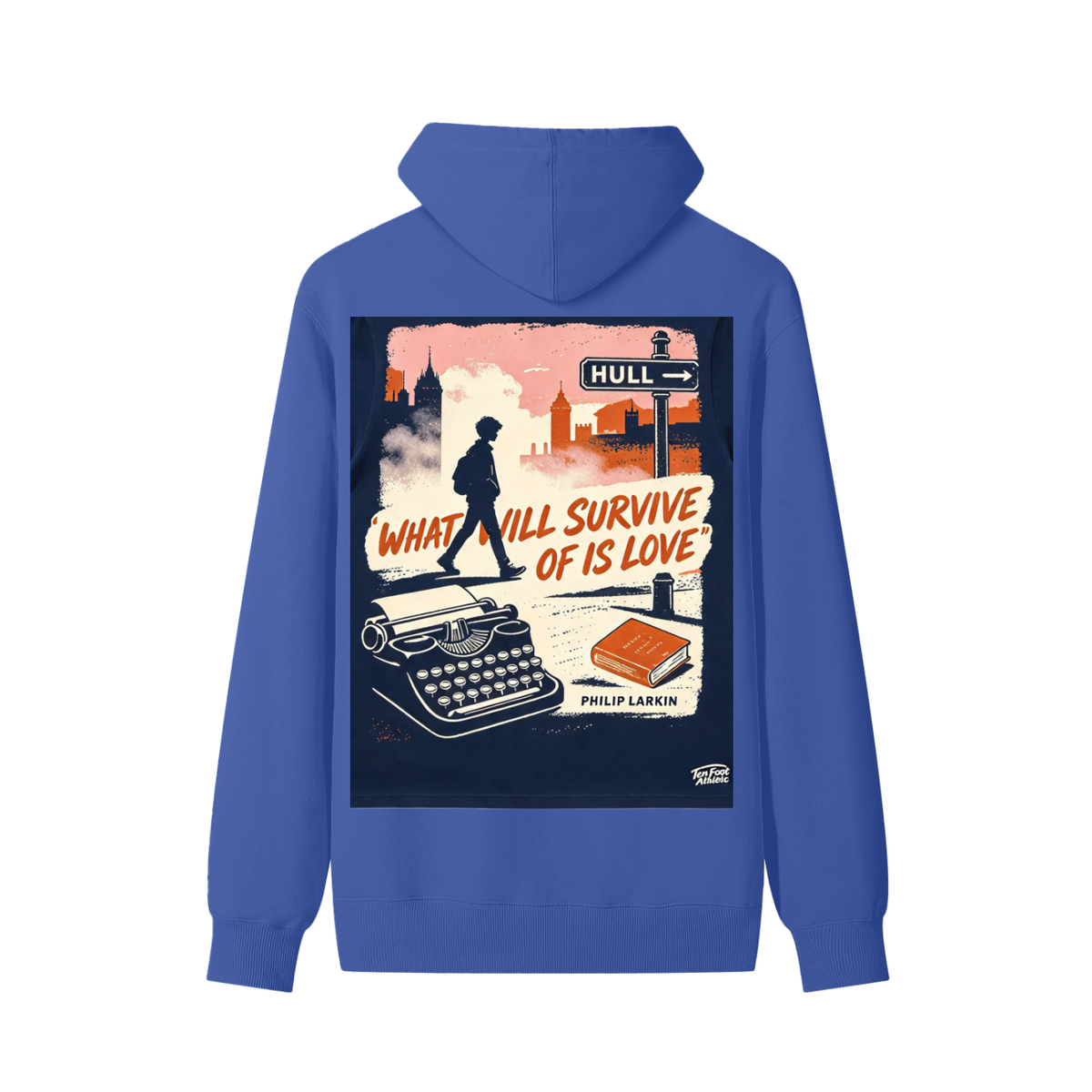 Unisex cotton hoodie in blue with front graphic print, hood and drawstring