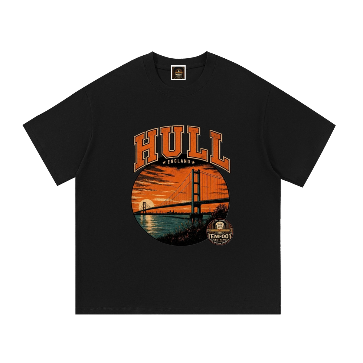 Black cotton T-shirt with Hull England bridge graphic on front