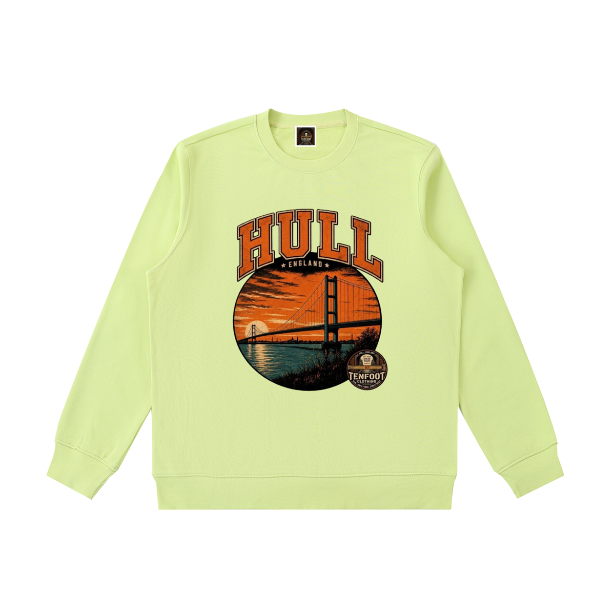 Light green heavyweight crewneck sweatshirt with HULL graphic on front