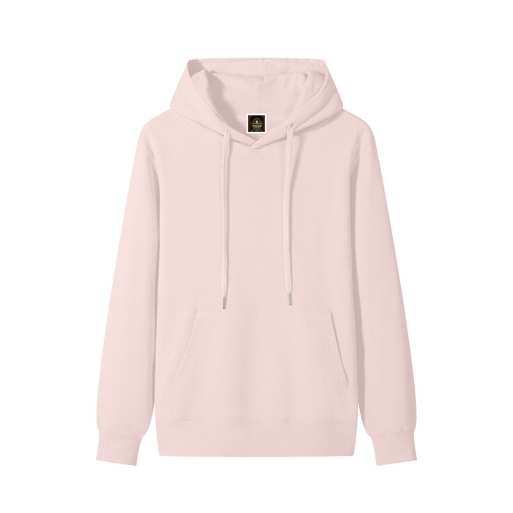 Unisex cotton hoodie in light pink with hood drawstrings and front kangaroo pocket.