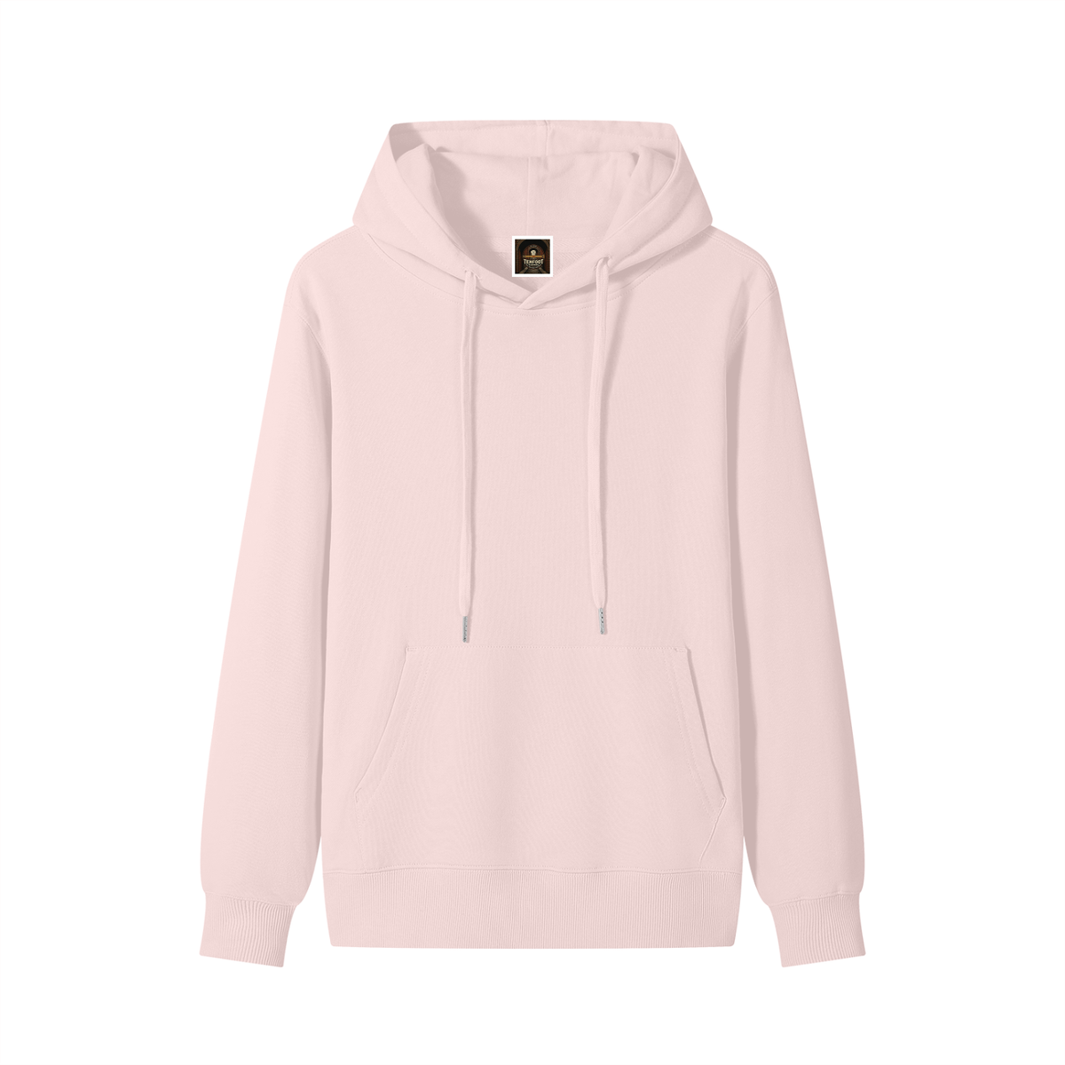 Unisex cotton hoodie in light pink with hood drawstrings and front kangaroo pocket.