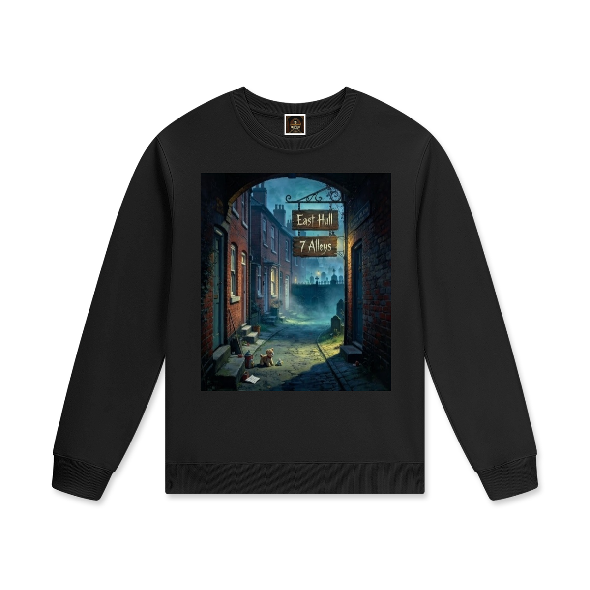 Unisex cotton pullover in black with front square city graphic print
