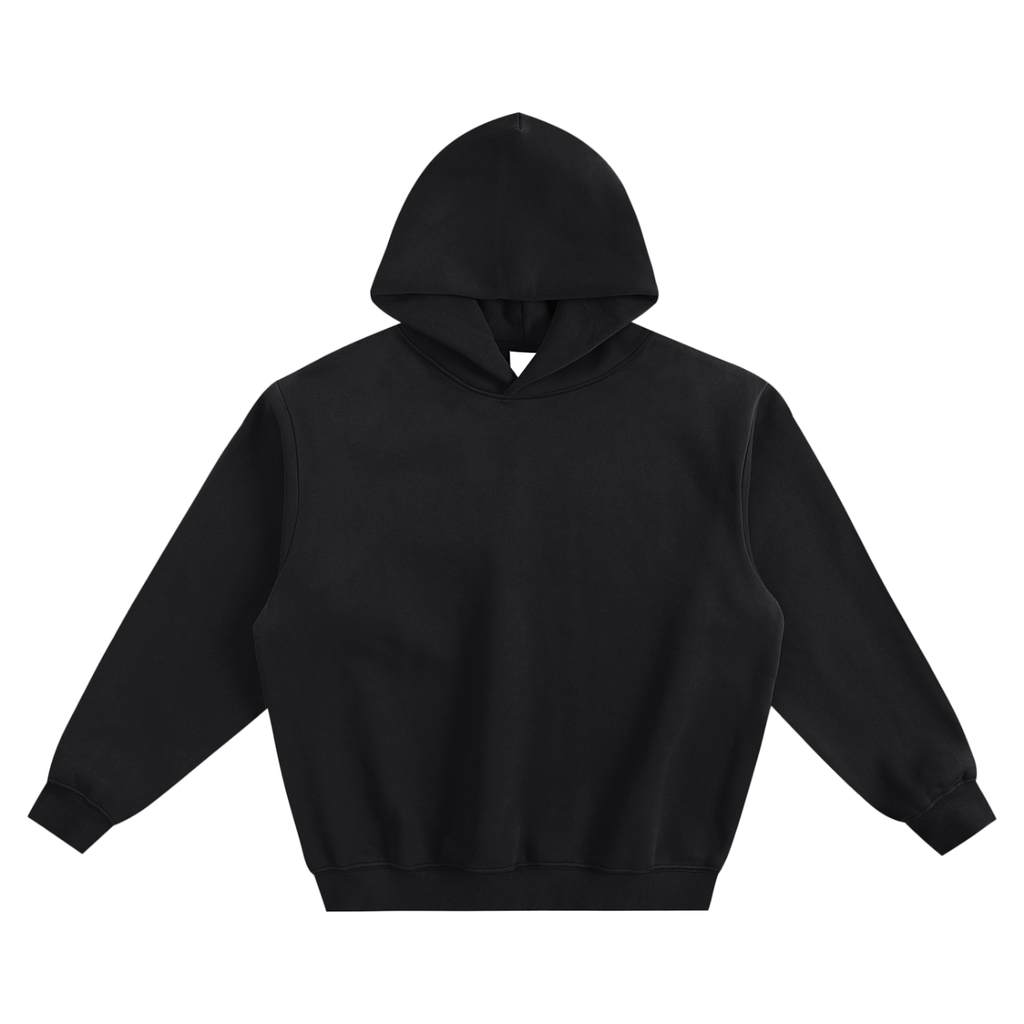 Black boxy pullover hoodie with adjustable hood and front kangaroo pocket