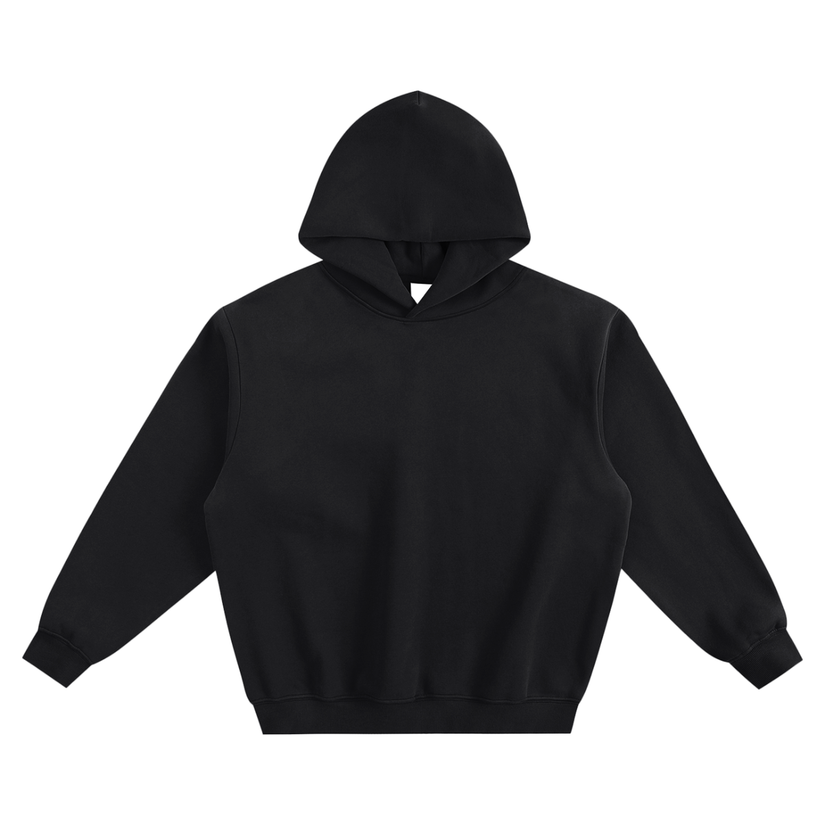 Black boxy pullover hoodie with adjustable hood and front kangaroo pocket