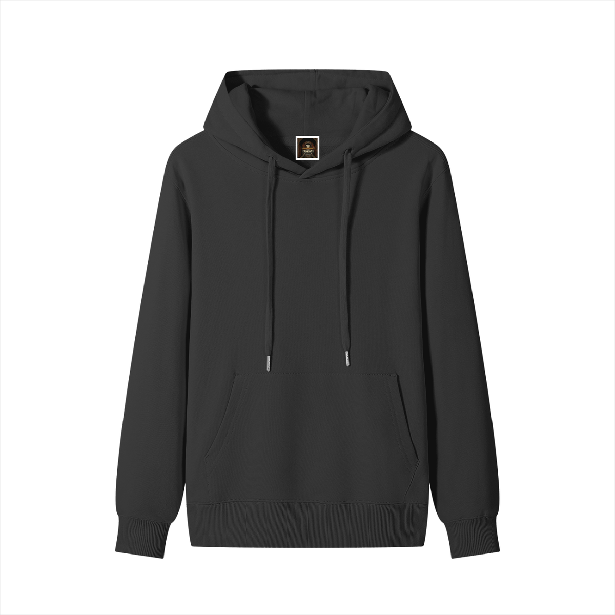 Unisex cotton hoodie in classic black, front plain with drawstring hood