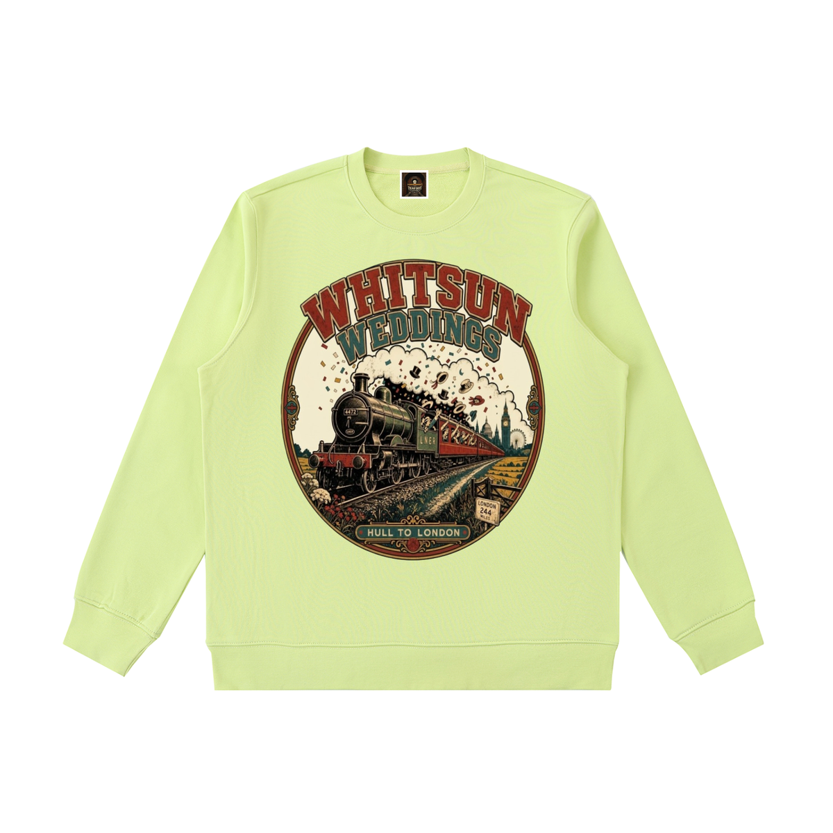 Light green crewneck sweatshirt with front WHITSUN WEDDINGS train graphic