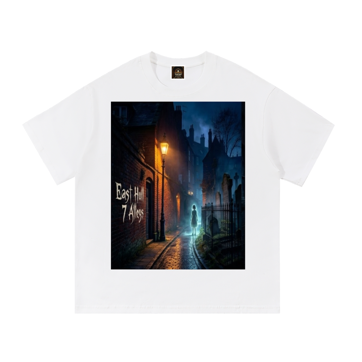White cotton T-shirt with crew neck, short sleeves, and front graphic print