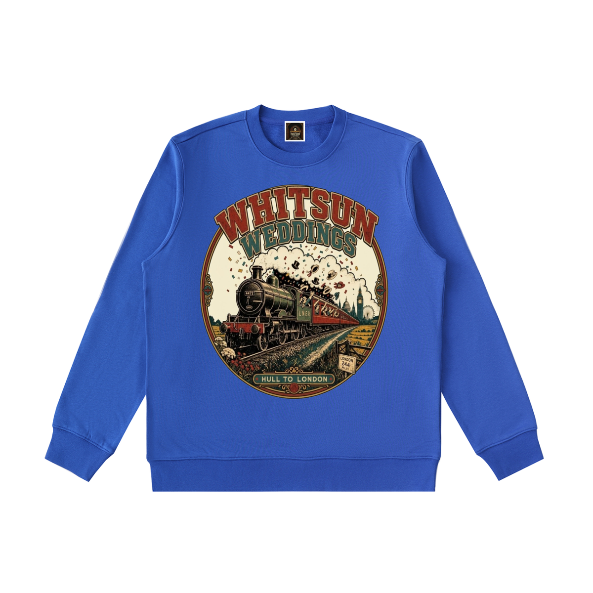 Royal blue heavyweight crewneck sweatshirt with large vintage train graphic on front