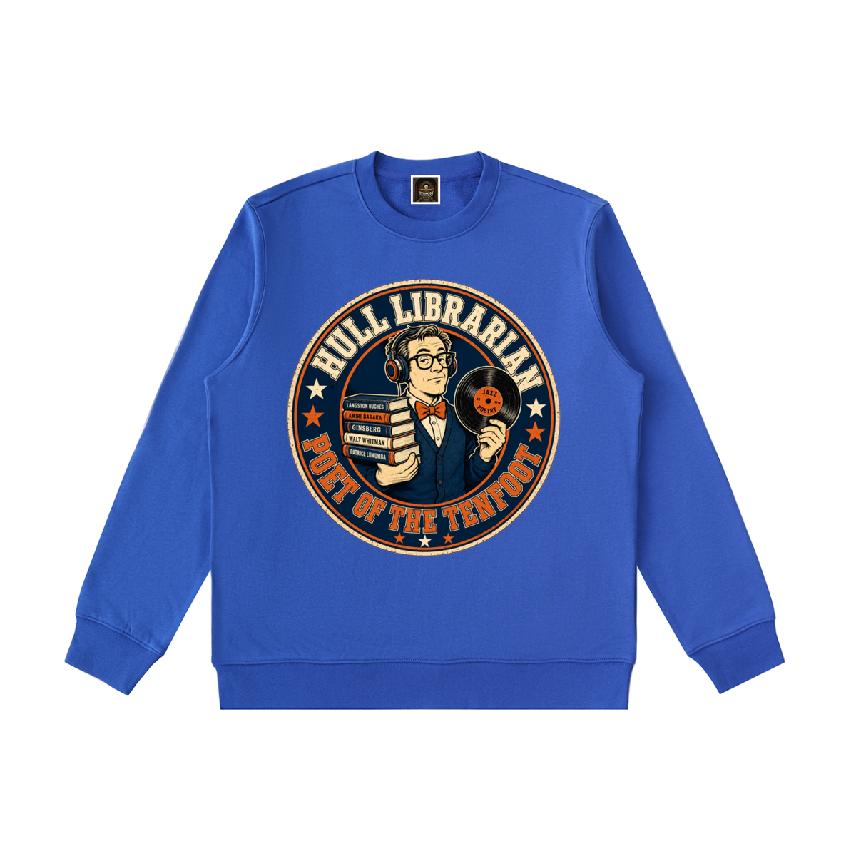 Royal blue heavyweight crewneck sweatshirt with colorful round library logo graphic front