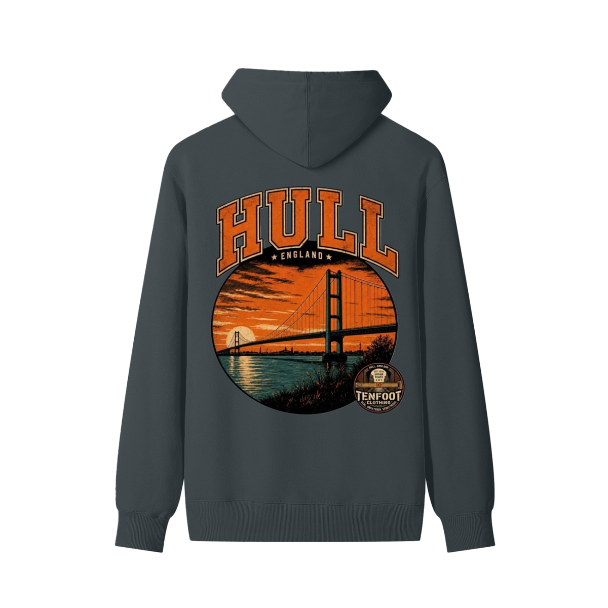 Dark grey unisex cotton hoodie with large chest graphic, hood and drawstring, kangaroo pocket