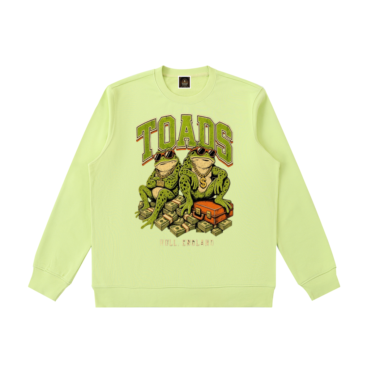 Light green heavyweight crewneck sweatshirt with colorful TOADS graphic on front