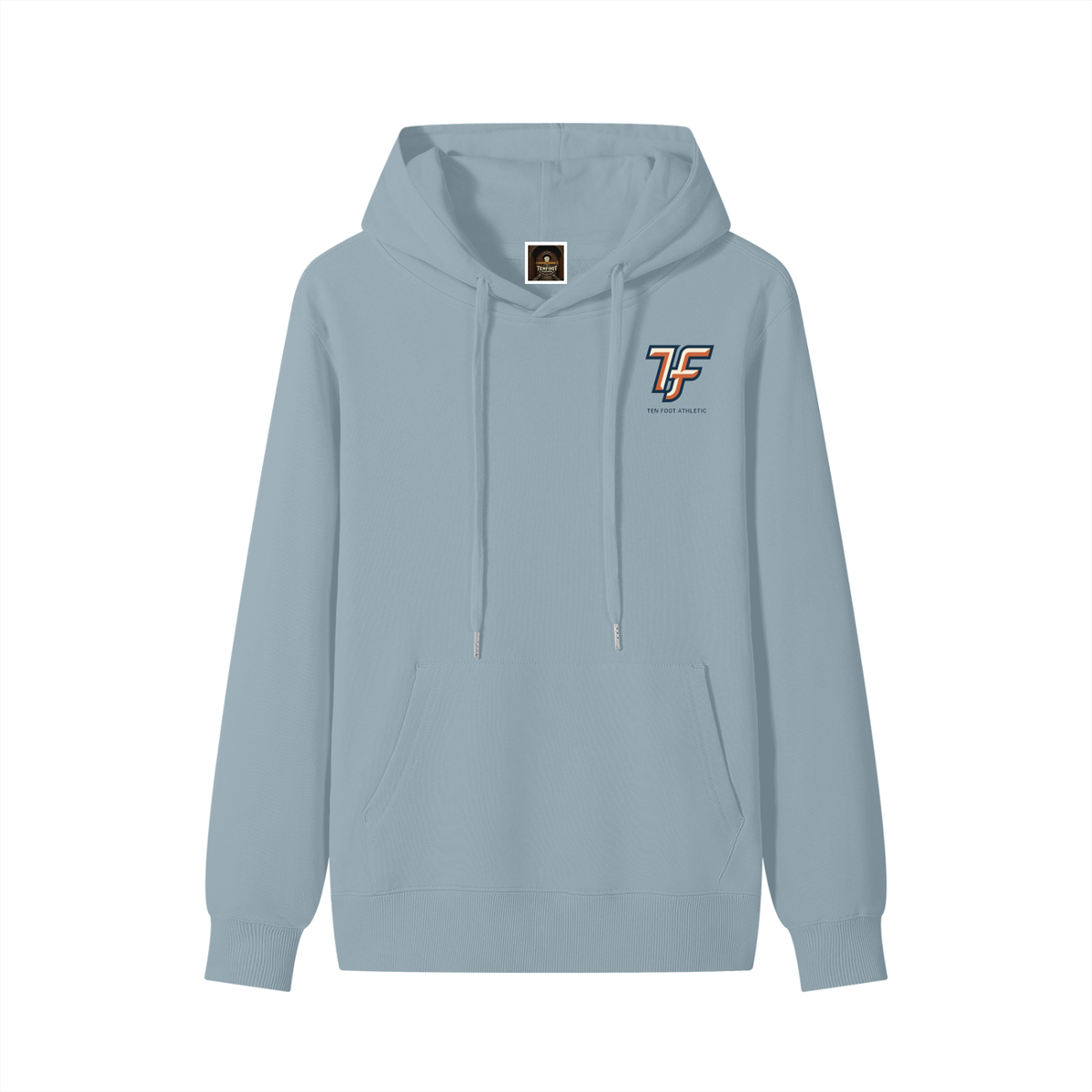 Light blue unisex cotton hoodie, front hood with small 7F logo
