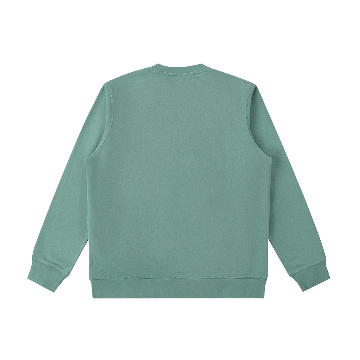 Light green heavyweight crewneck sweatshirt back view, plain with ribbed collar and cuffs
