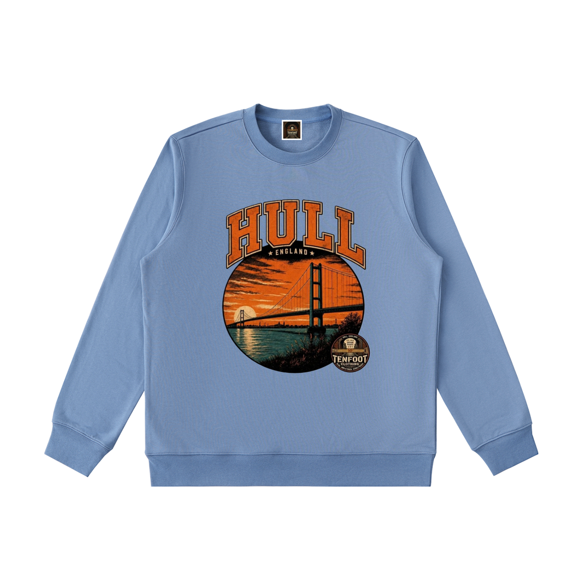 Heavyweight crewneck sweatshirt, sky blue, front graphic with HULL and bridge