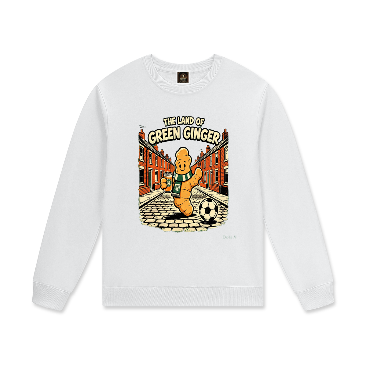 Unisex cotton pullover, white, long sleeve crew neck with front graphic print