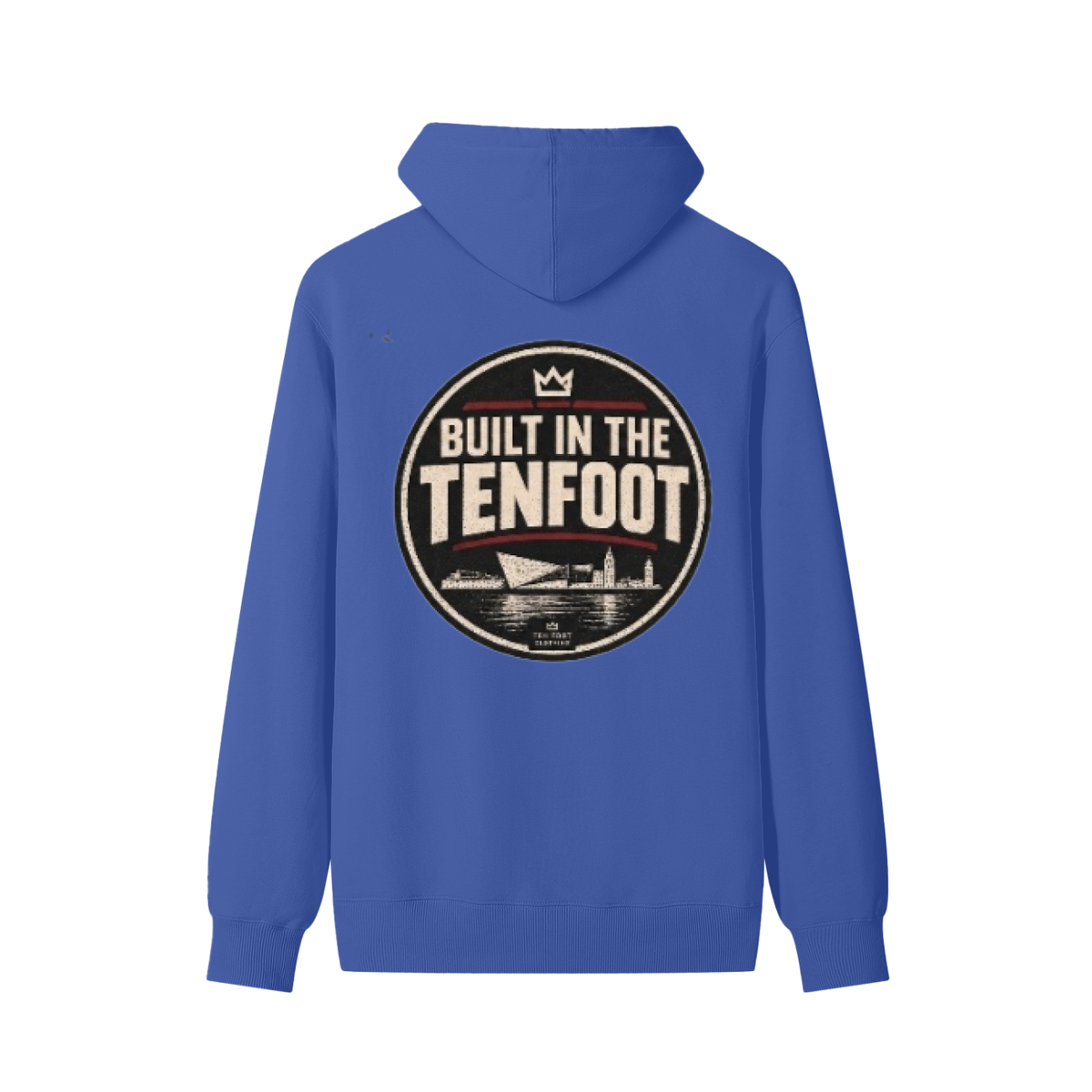 Unisex cotton hoodie in blue with large chest logo print, drawstring hood