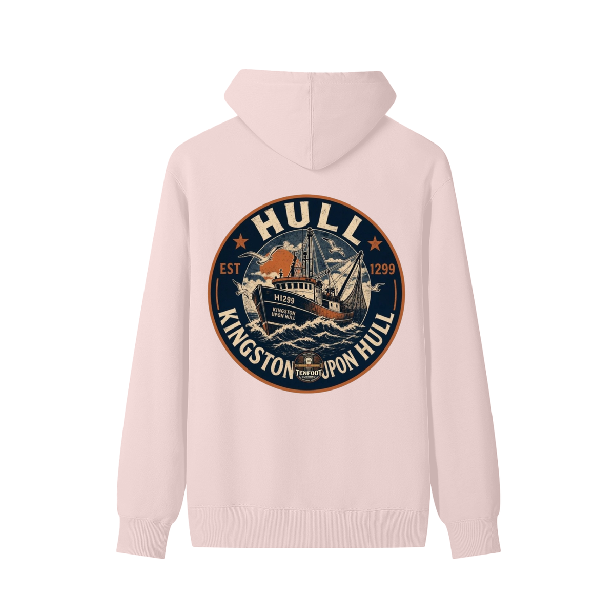 Unisex cotton hoodie in light pink with back graphic logo and hood drawstrings.
