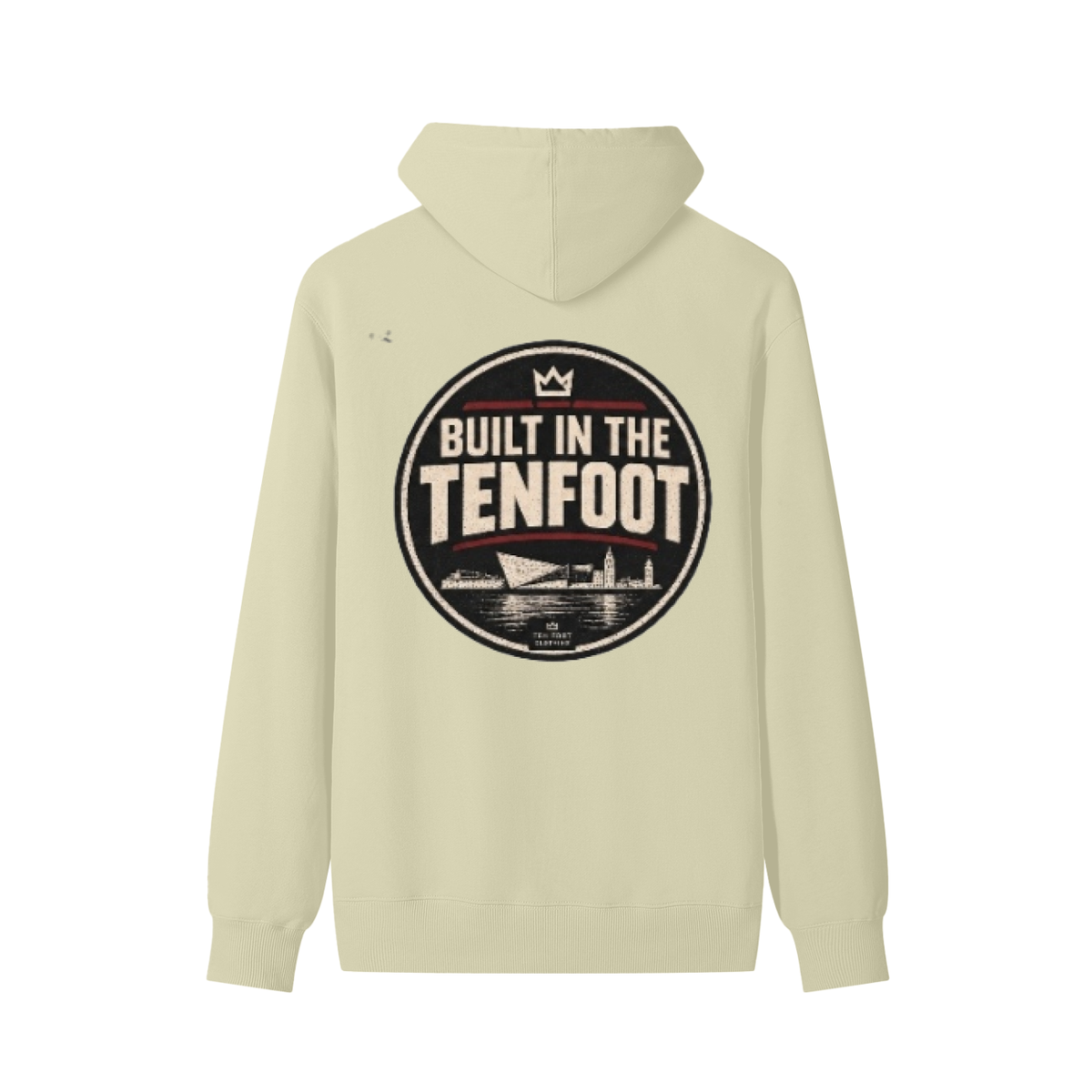 Unisex cotton hoodie in light cream with large chest logo print, drawstring hood