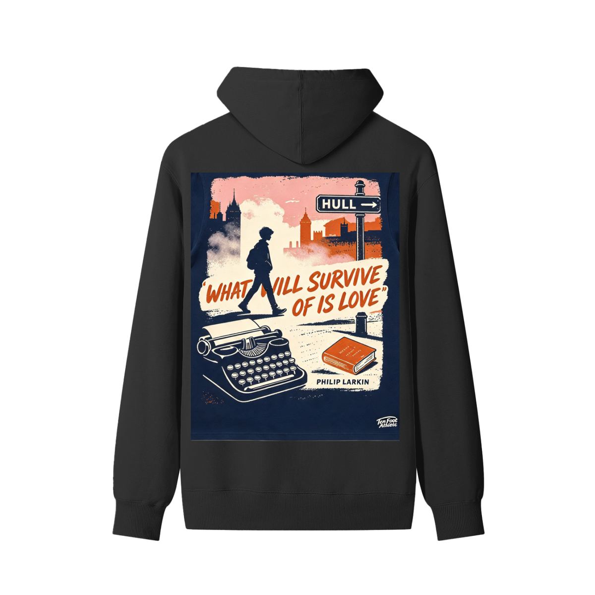 Unisex cotton hoodie in dark black with front graphic print panel