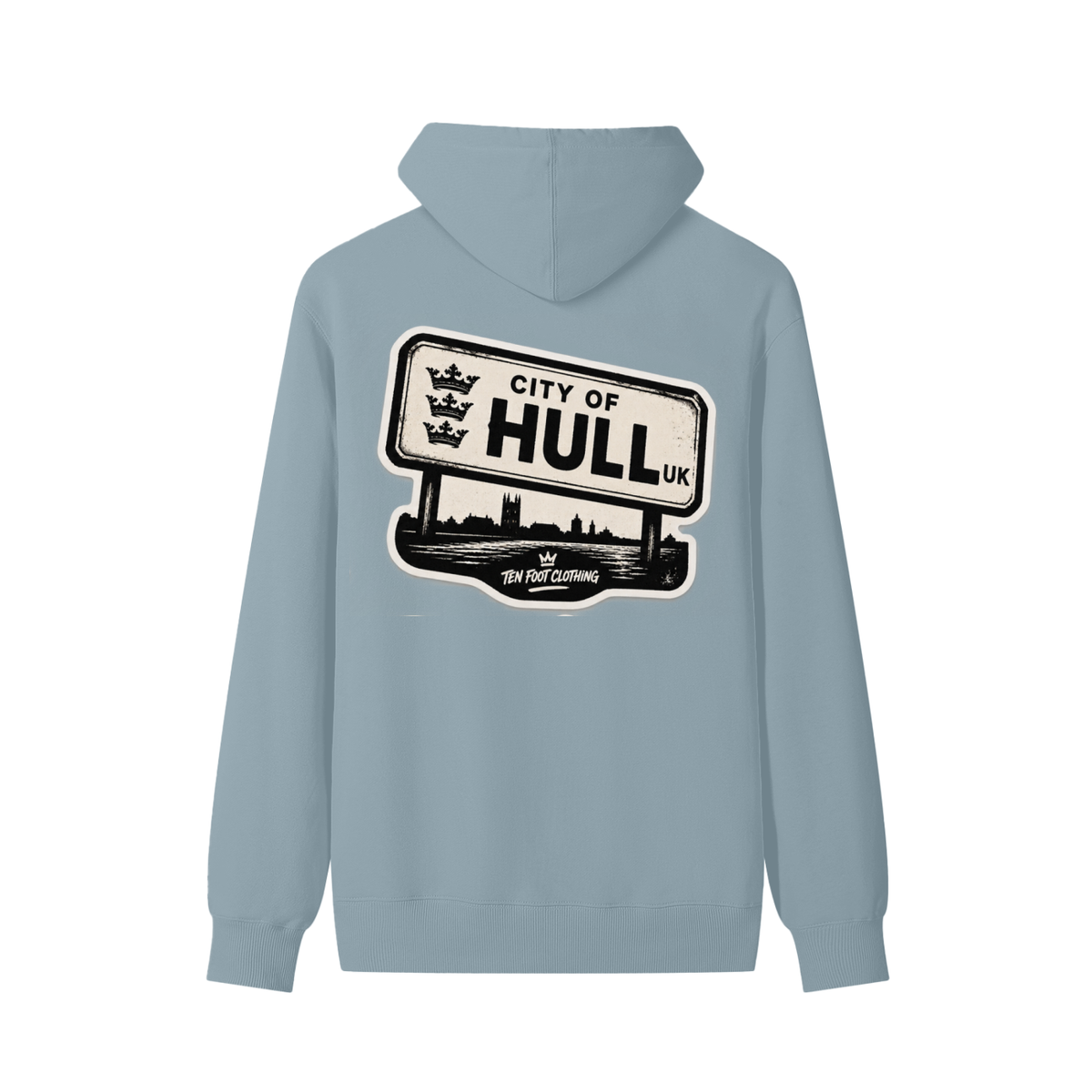 Light blue unisex cotton hoodie, back road sign graphic reading "CITY OF HULL"