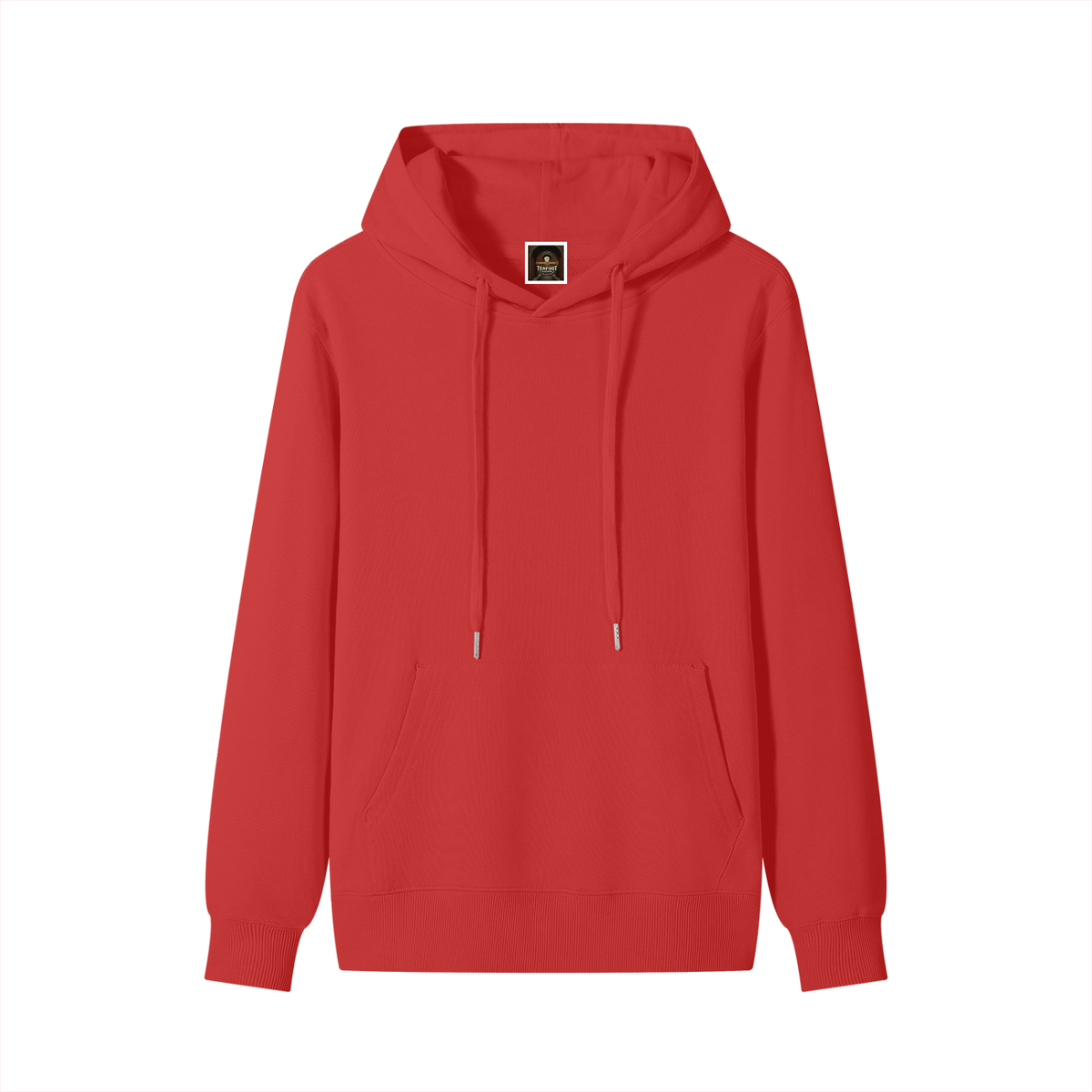 Unisex cotton hoodie in red with hood, drawstring, and front kangaroo pocket
