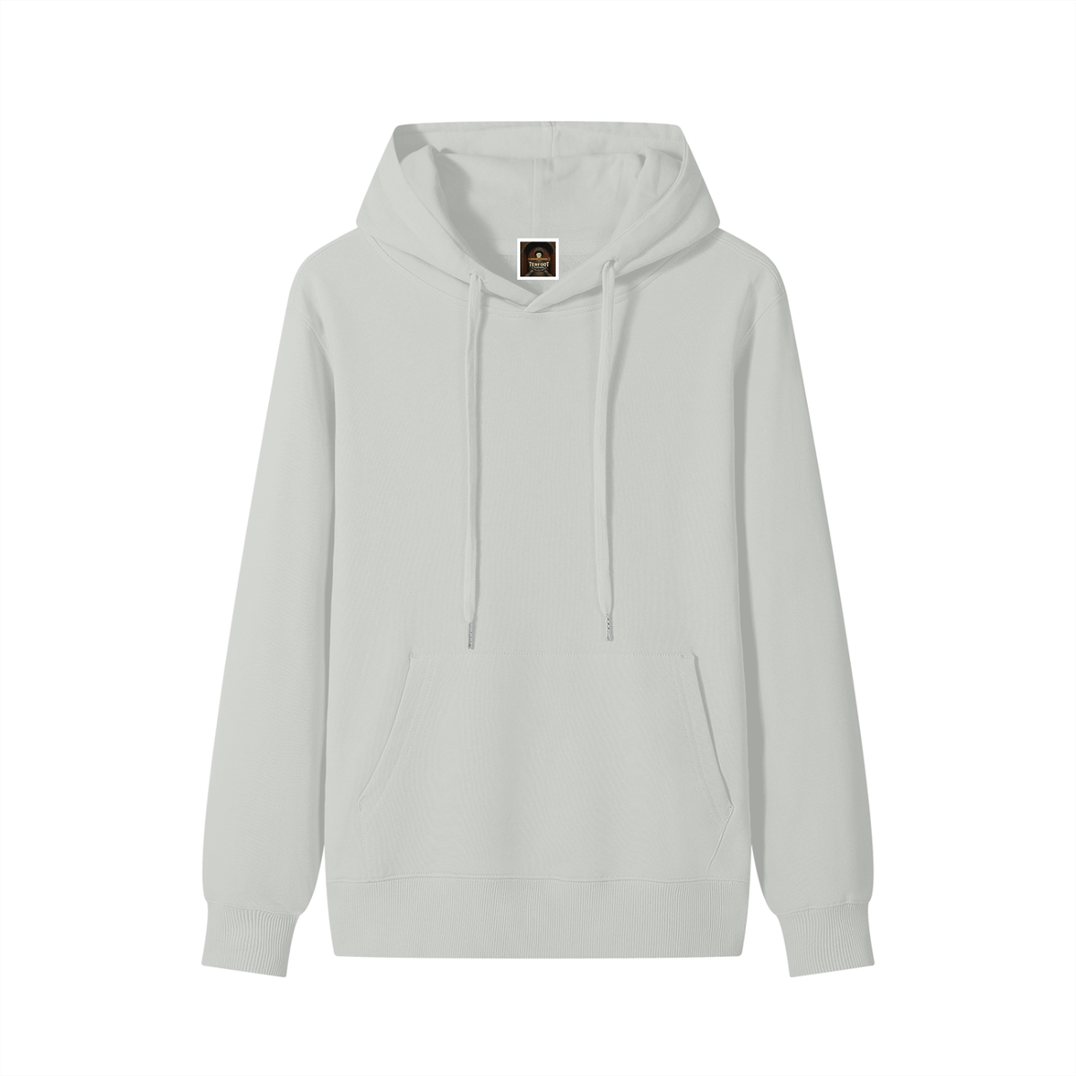 Unisex cotton hoodie in white with hood, drawstring, and front kangaroo pocket