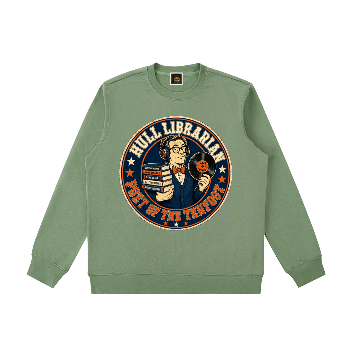 Army green heavyweight crewneck sweatshirt with circular librarian graphic on chest
