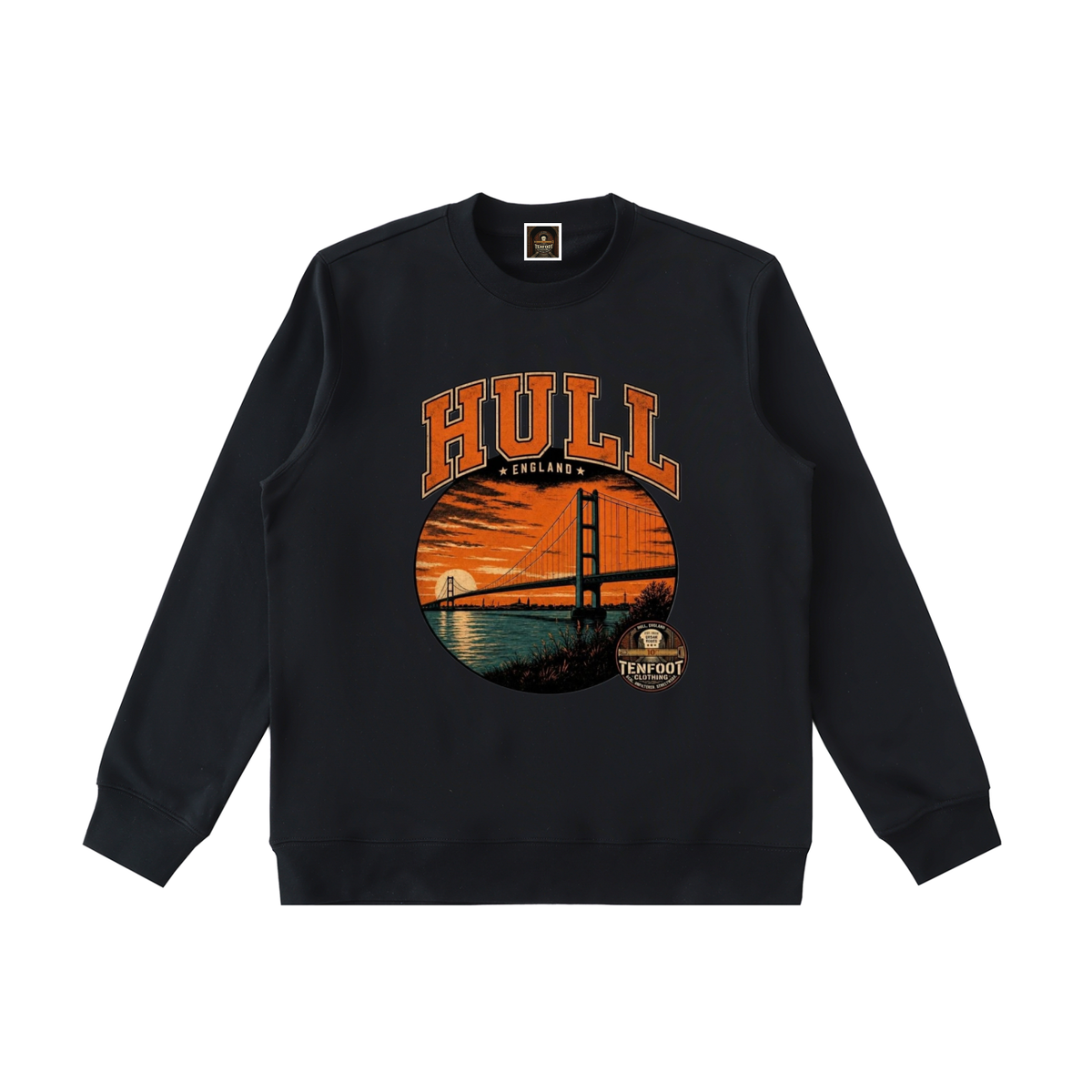 Heavyweight crewneck sweatshirt in dark color with circular Hull bridge graphic on chest