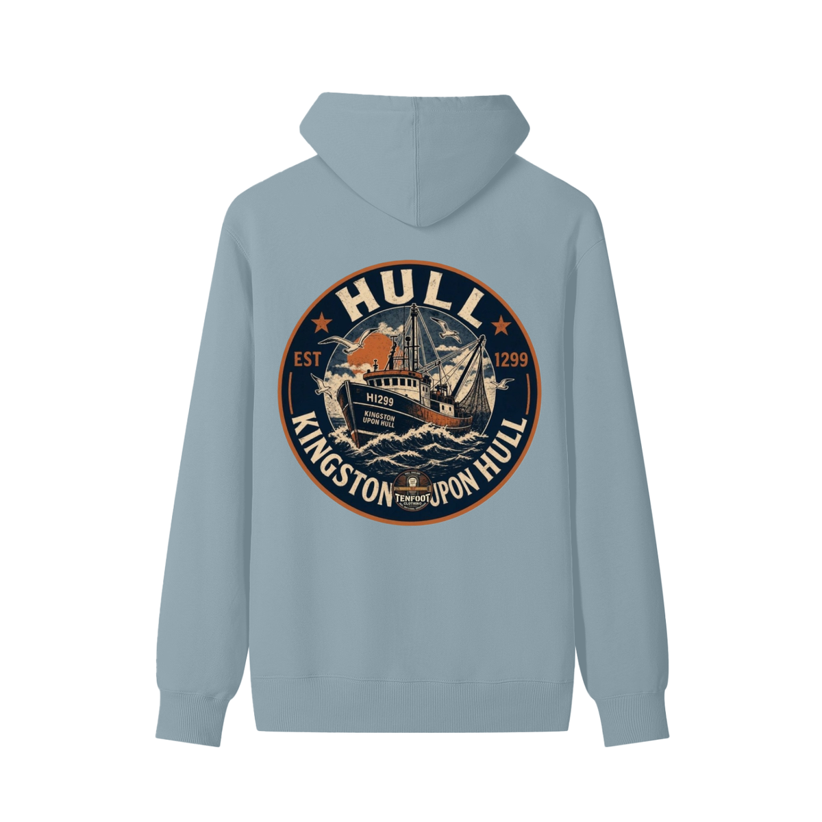 Unisex cotton hoodie in haze blue with back graphic logo and hood drawstrings.