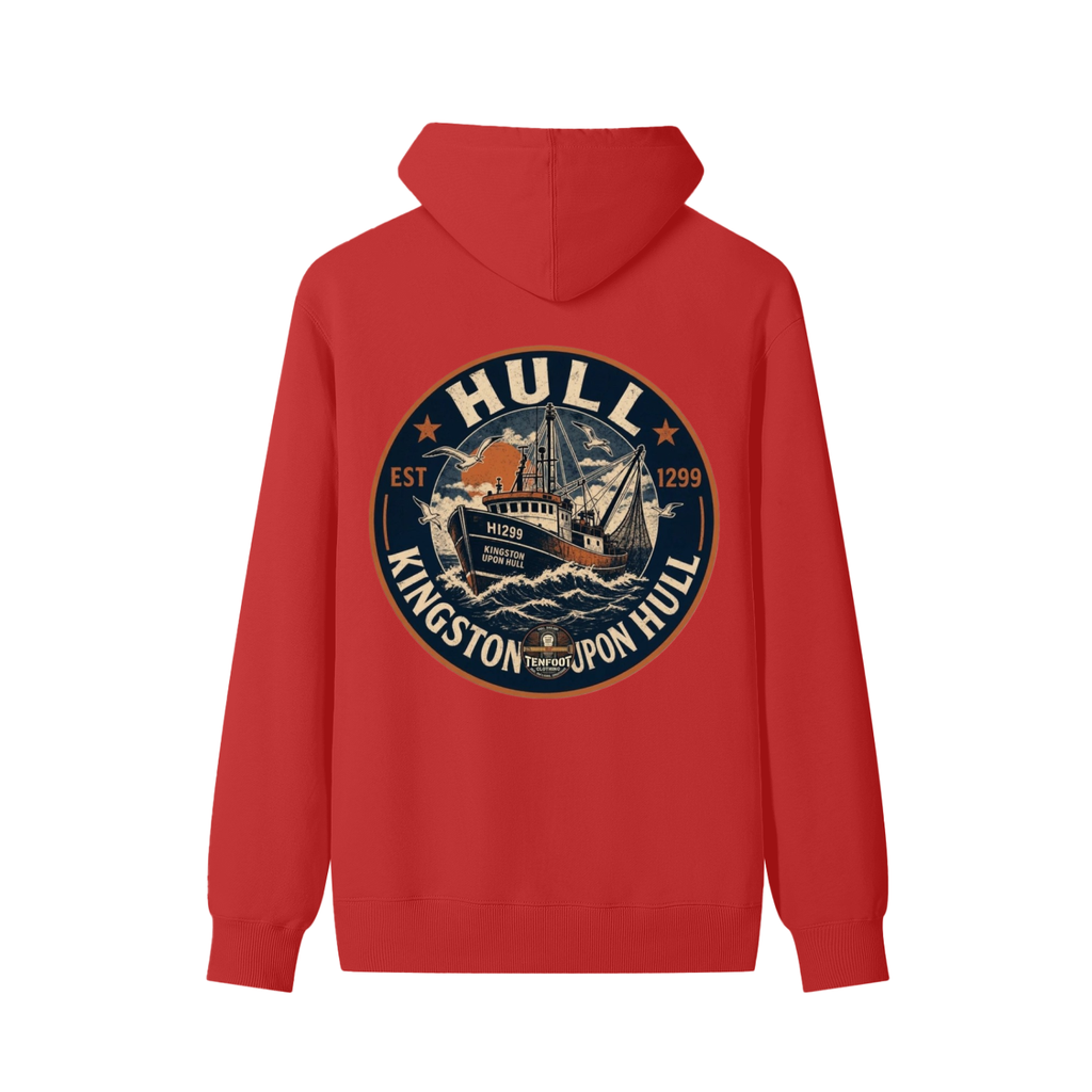 Unisex cotton hoodie with front kangaroo pocket, drawstring hood, circular back logo print.