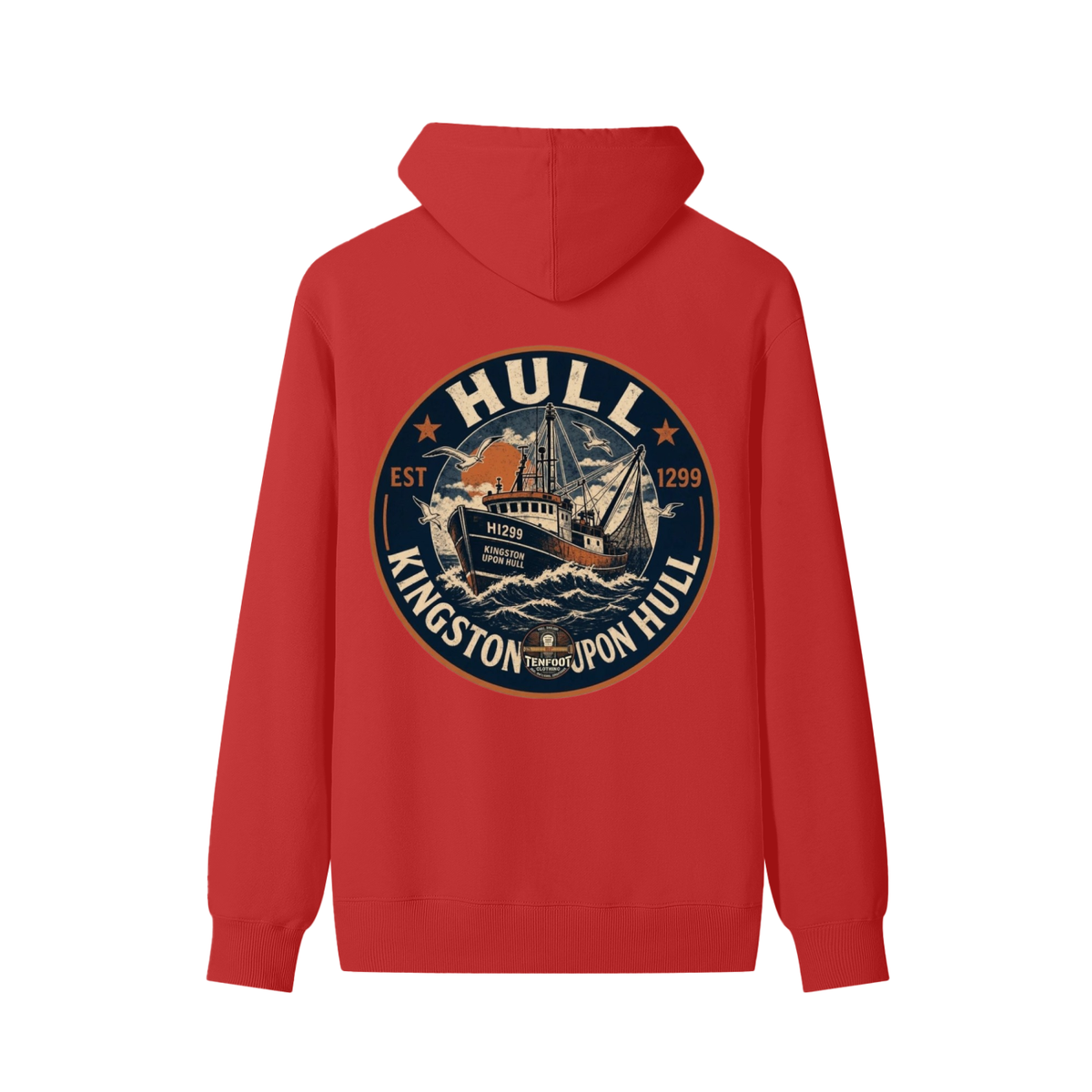 Unisex cotton hoodie with front kangaroo pocket, drawstring hood, circular back logo print.