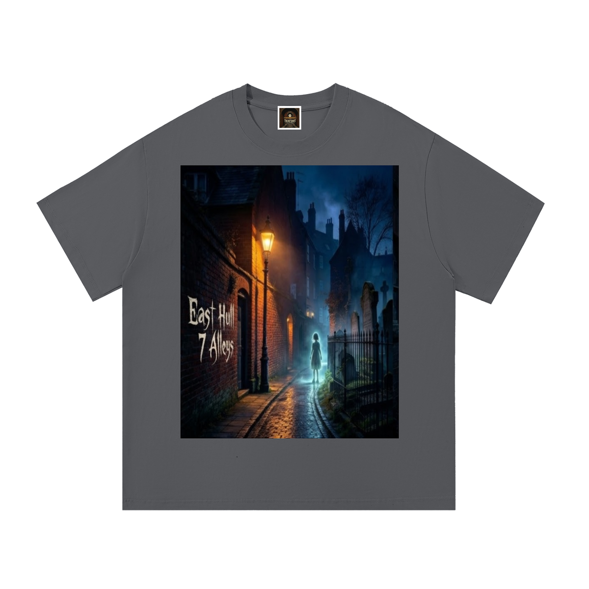 Dark gray cotton crew-neck T-shirt with centered night city graphic print