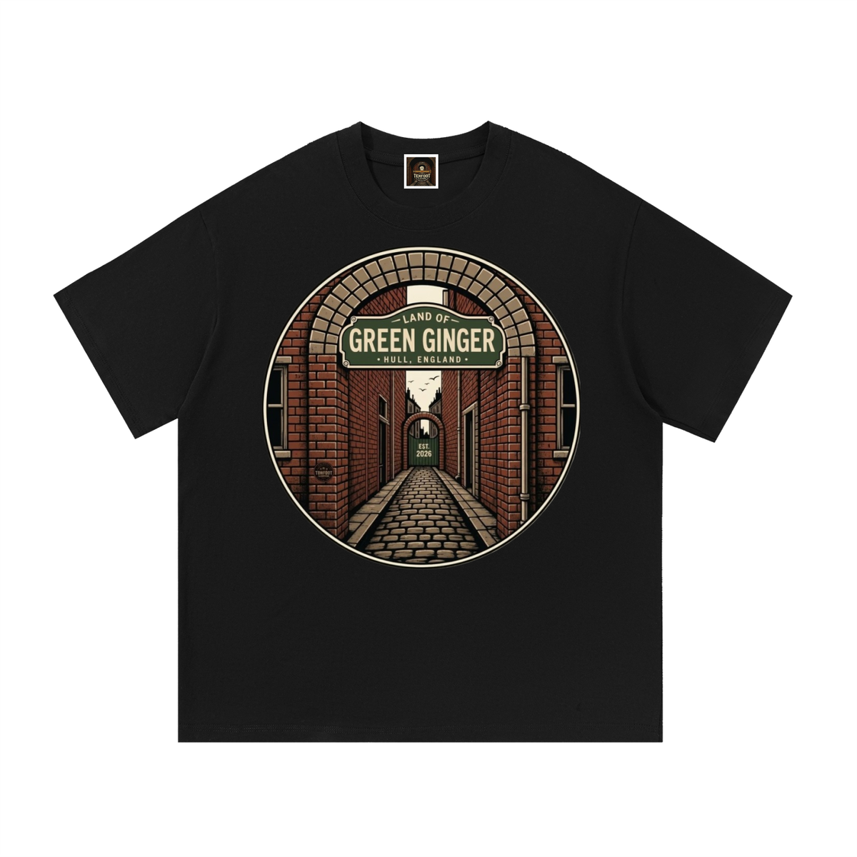 Black cotton T-shirt with front circular graphic print