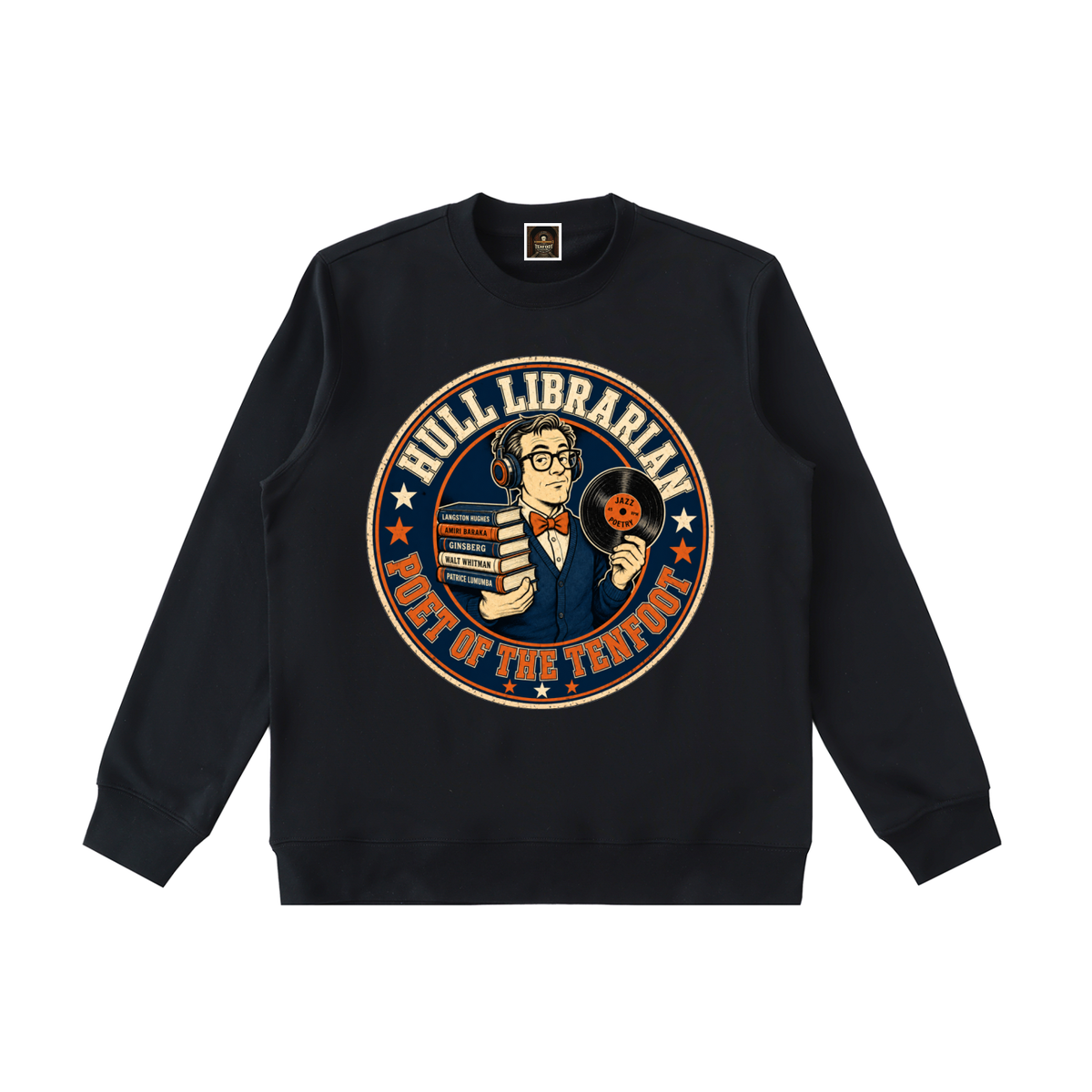 Black heavyweight crewneck sweatshirt with colorful round library logo graphic on front