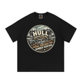 Black cotton T-shirt with front round logo graphic
