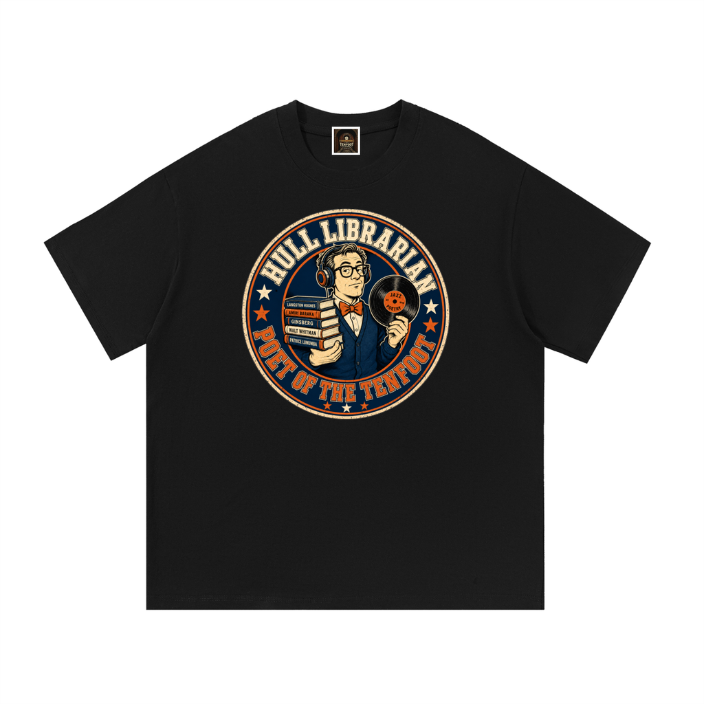 Black cotton T-shirt with round librarian emblem graphic on front
