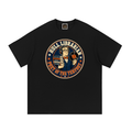 Black cotton T-shirt with round librarian emblem graphic on front