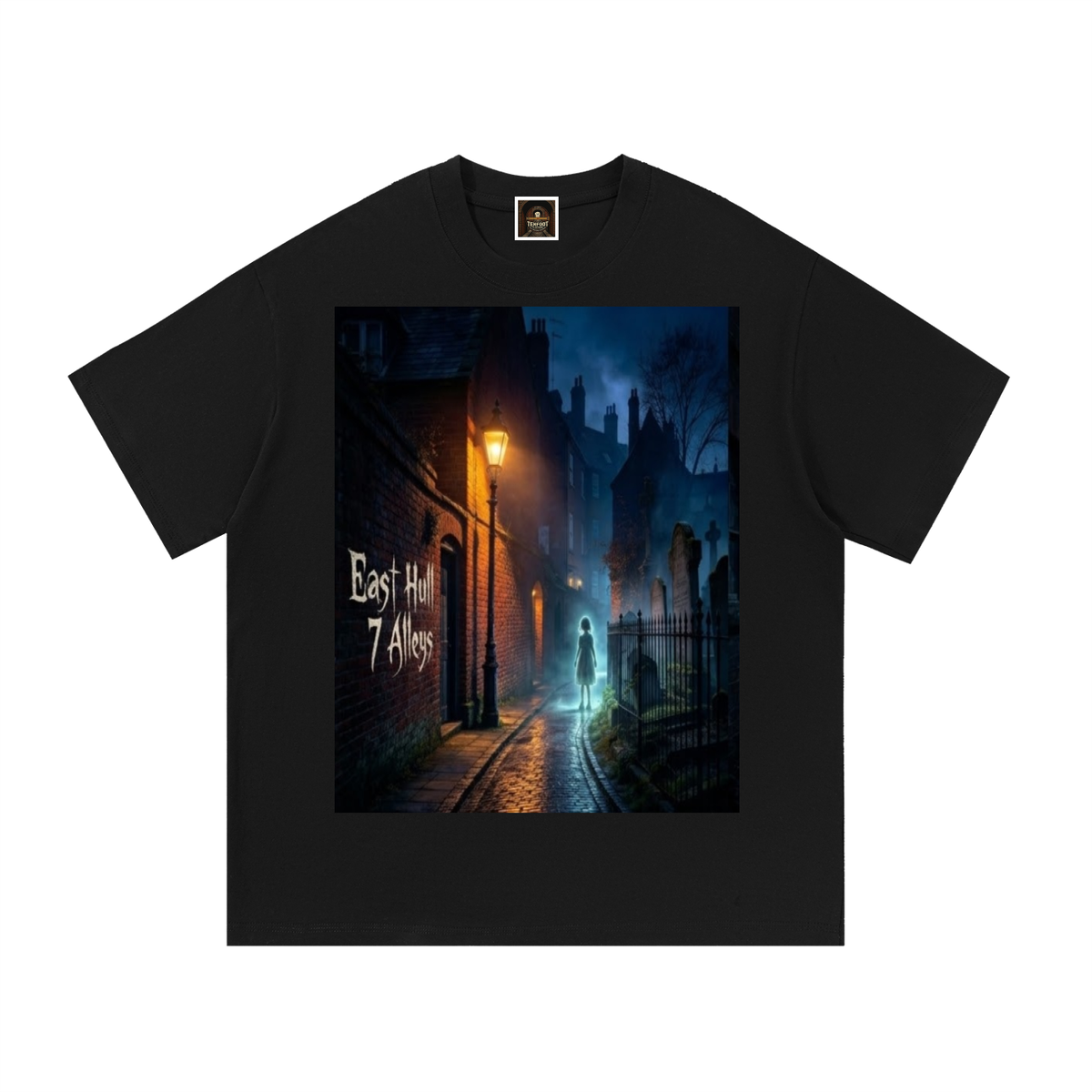 Black cotton T-shirt with crew neck, short sleeves, and front graphic print