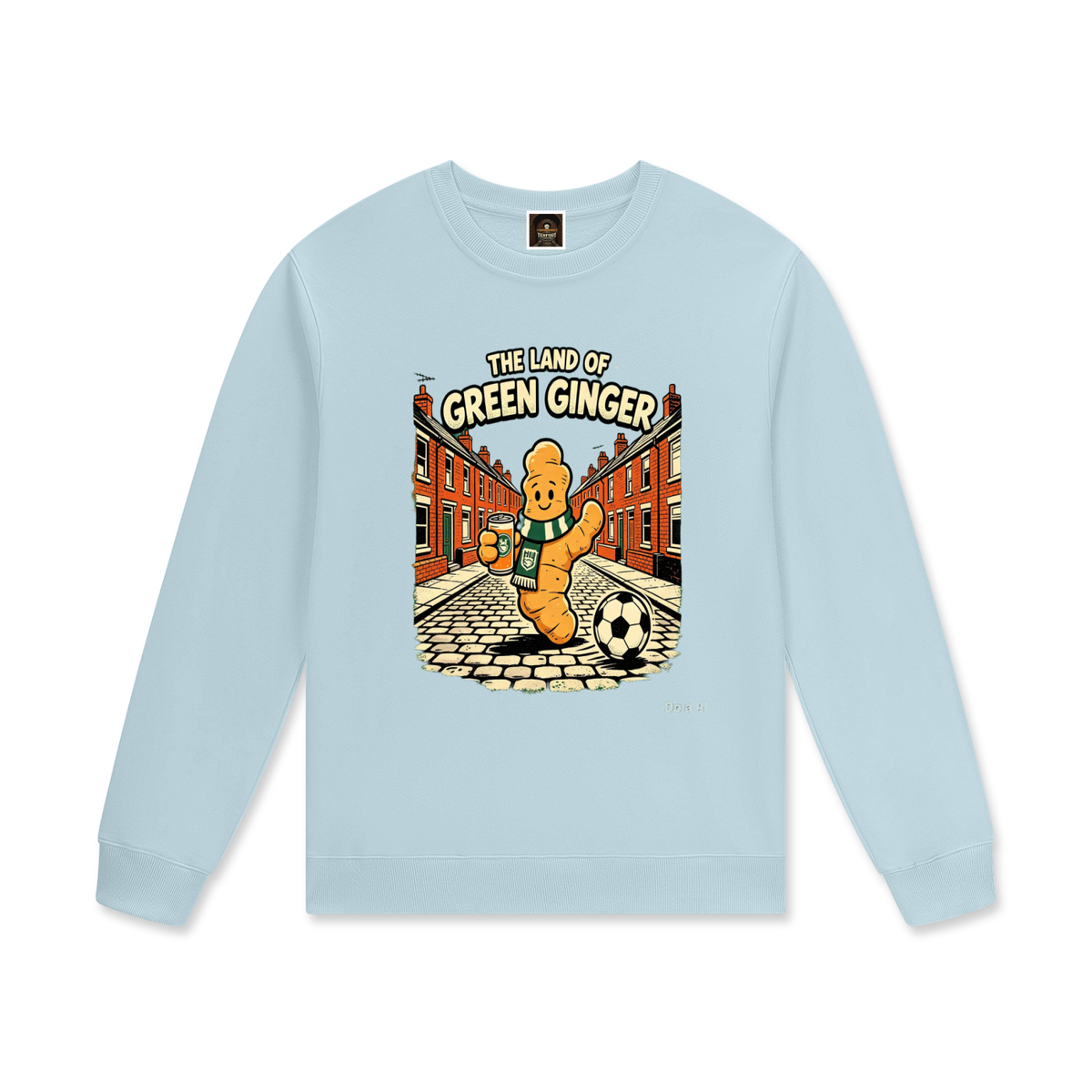 Unisex cotton pullover, light blue, long sleeve crew neck with front graphic print