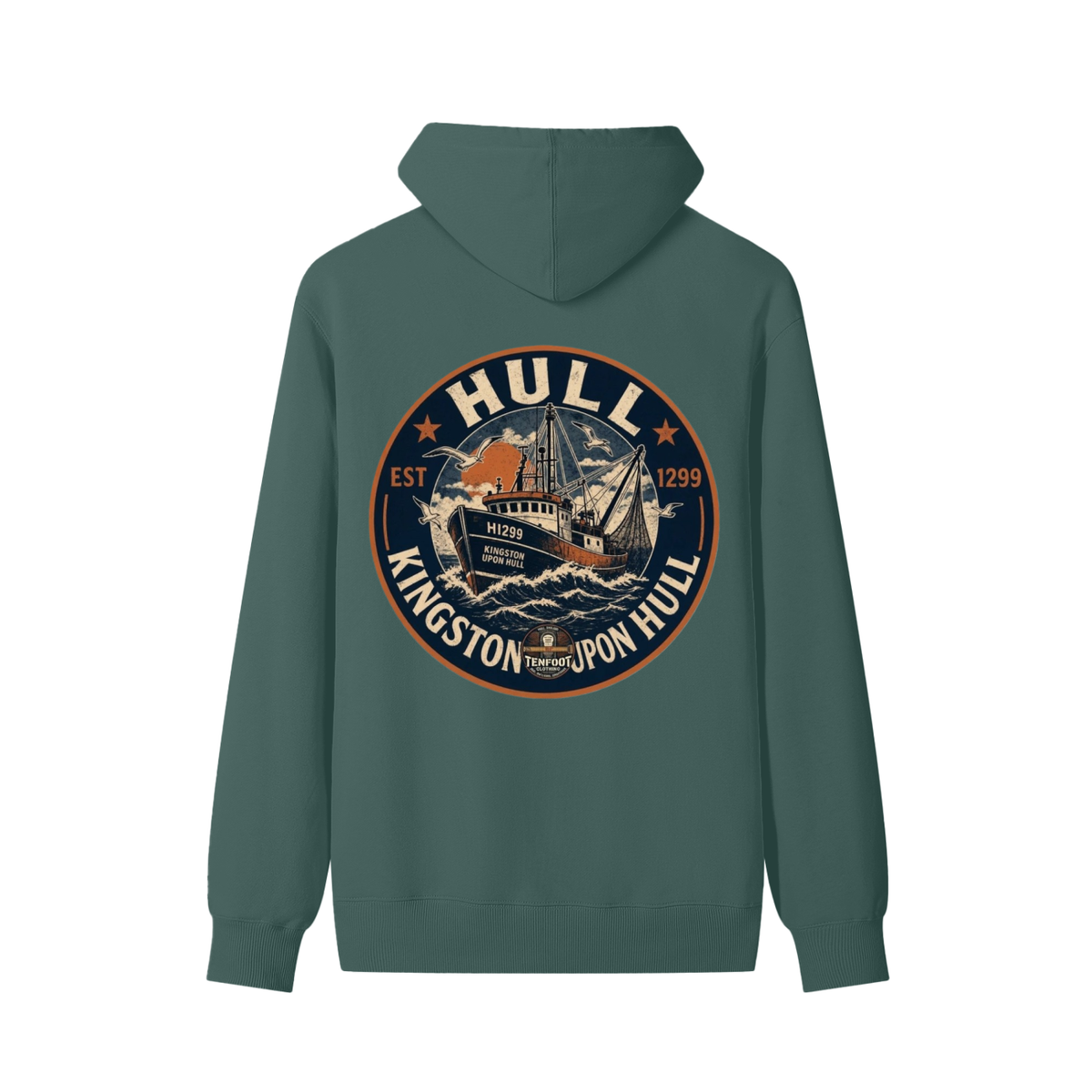 Unisex cotton hoodie in olive green with large back logo graphic and drawstring hood