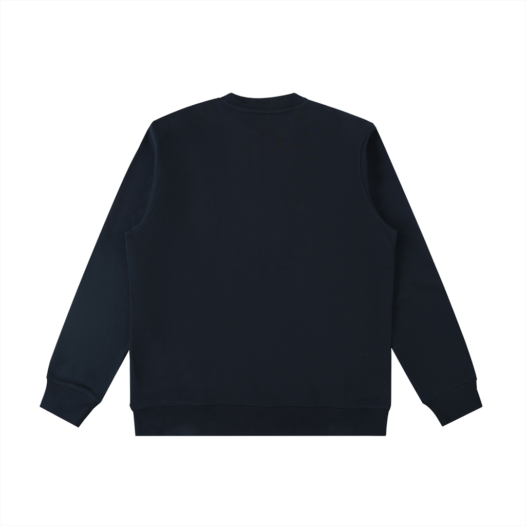 Dark navy heavyweight crewneck sweatshirt, plain back view with ribbed cuffs