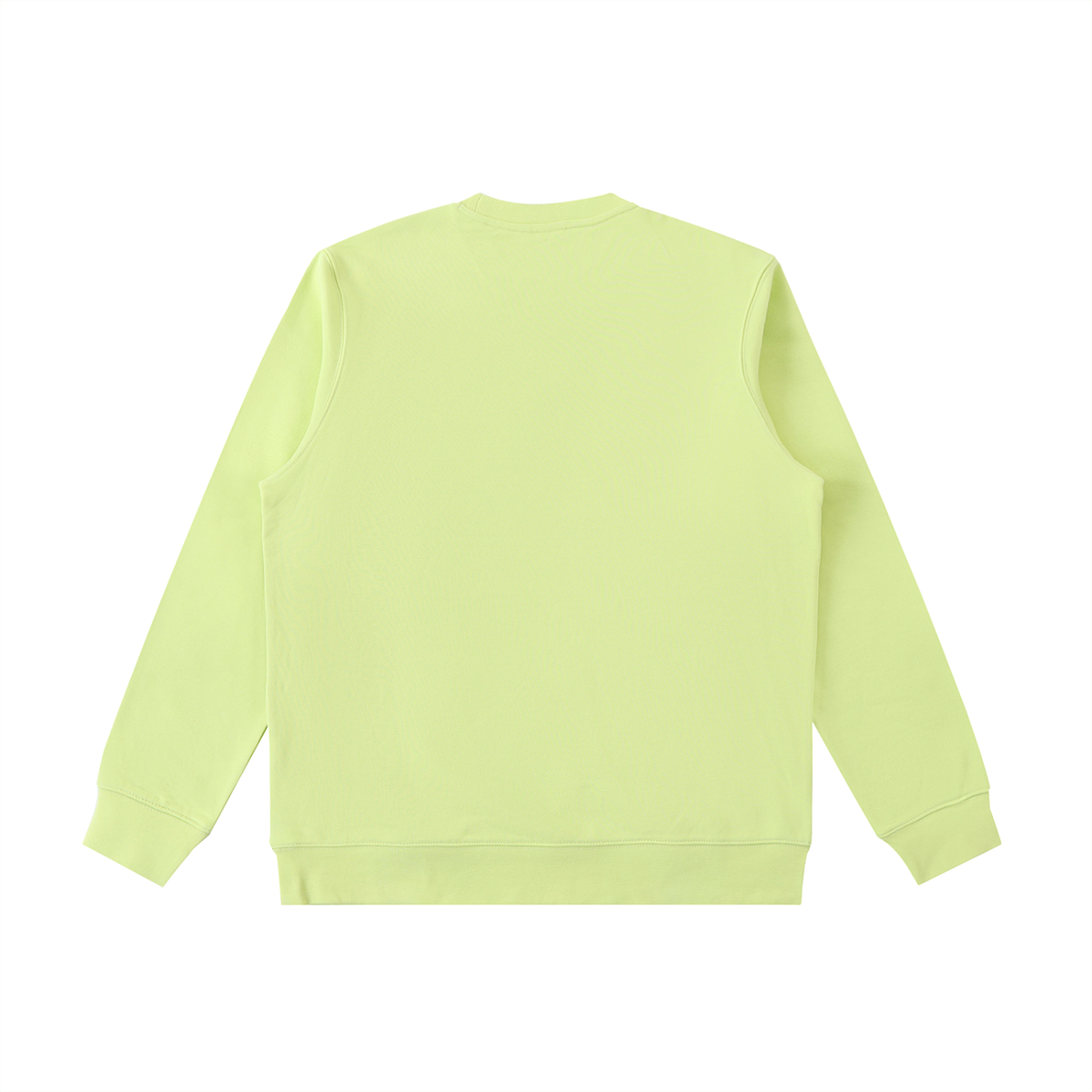 Light green crewneck sweatshirt, back view with ribbed cuffs and hem