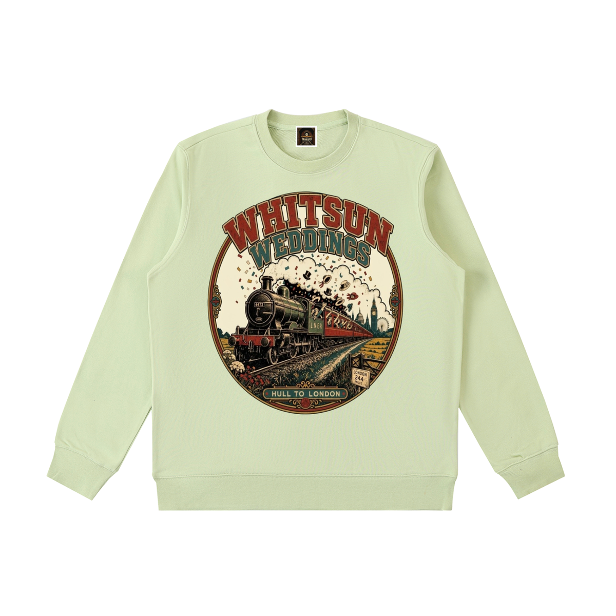 Light green crewneck sweatshirt with front vintage train graphic print, long sleeves